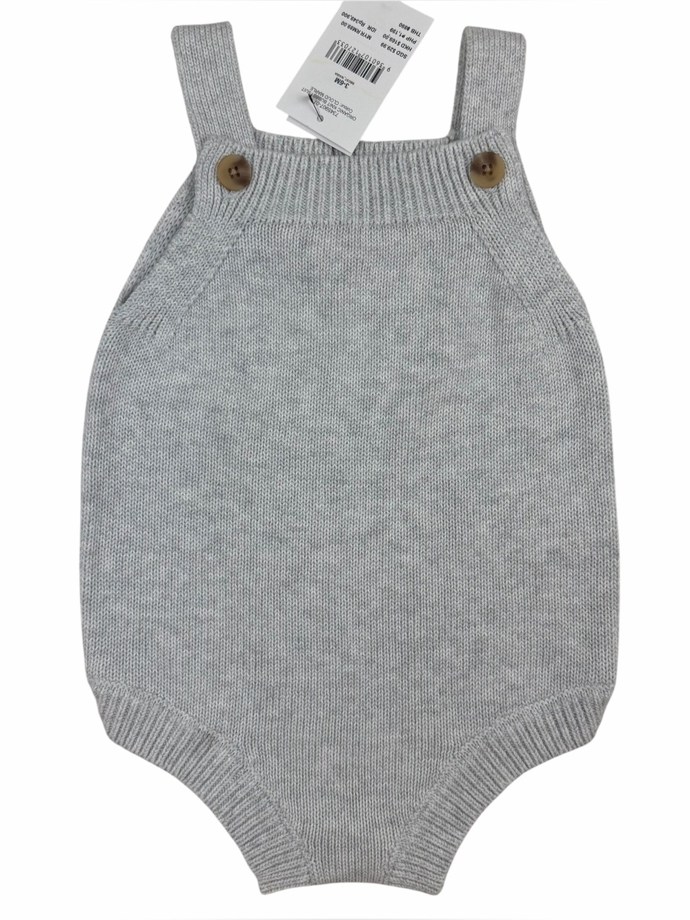 Cotton On Baby Grey Knit Romper Infant Sleeveless Button Sunsuit Overalls, 3-6M